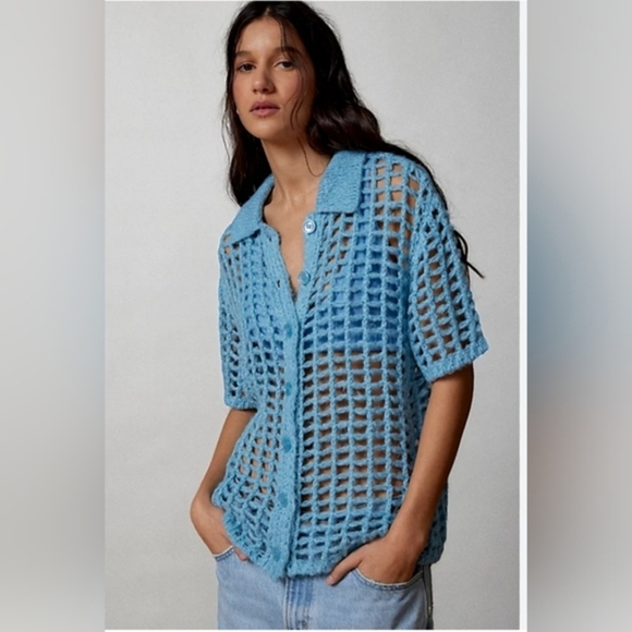 Urban Outfitters UO BDG blue Osaka Open Knit button down Polo Sweater size XS - Picture 1 of 17